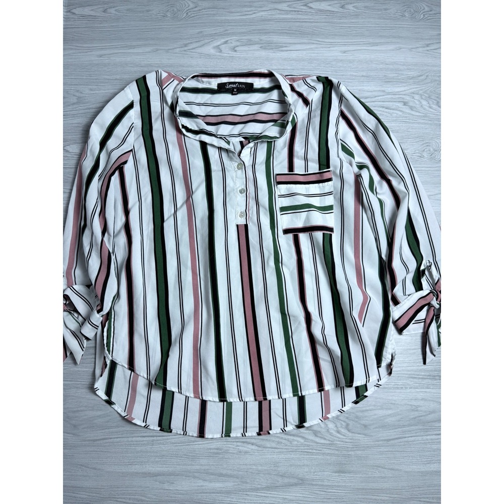 Sweet Rain Womens Striped Henley Blouse Tie Sleeve Pink Green White Size M